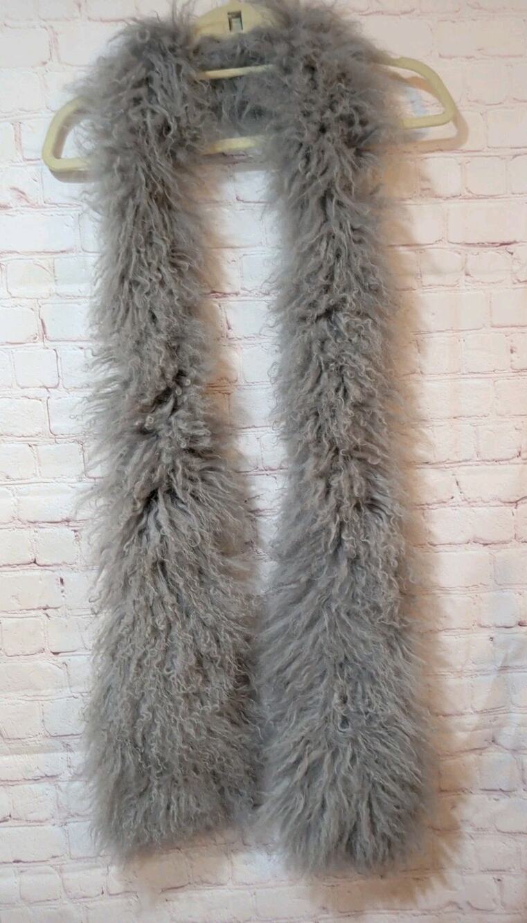 Charlotte Simone Gray Mongolian Lambswool Fur Stole Scarf 6' Long Wide Ends EUC